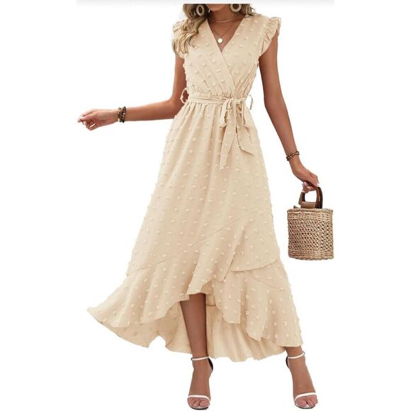 NEW V Neck Cap Sleeve Swiss Dot Boho Ruffle Slit Flowy Maxi Dress 2X - Picture 1 of 8